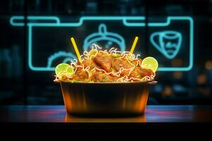 Illuminated flavors Food shines brightly under the captivating glow of neon AI Generated photo