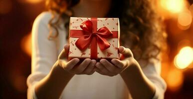 In girls' hands, time gifts reside, nestled within a tender gift box. Eternal memories. AI Generated photo