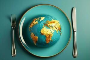 A plate holds a globe with a fork, set against a blue background AI Generated photo