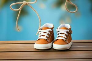 Adorable baby shoes on wood with space for heartfelt text or message AI Generated photo