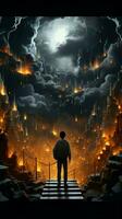In dreamlike library, a young guy journeys through books and clouds Vertical Mobile Wallpaper AI Generated photo