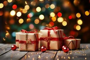 Christmas magic Gift boxes, red bows, twinkle amidst bokeh lights' celebration. AI Generated photo