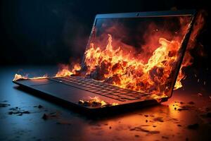 Flames dance on a laptop, transforming it into a charred, smoldering relic AI Generated photo