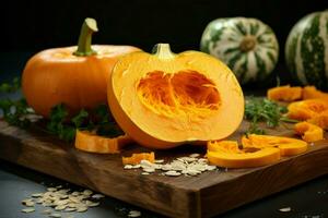 Culinary canvas wooden board hosts chopped raw pumpkin, ready for kitchen creativity AI Generated photo