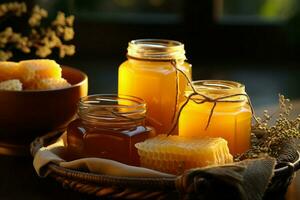 Luscious honey jars meet serene candles against a rich, inviting background AI Generated photo