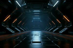 Sleek sci fi canvas 3D modern room portrays an empty dark, futuristic background AI Generated photo