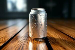 Condensation kissed soda can glistens on a rustic wooden tables surface AI Generated photo