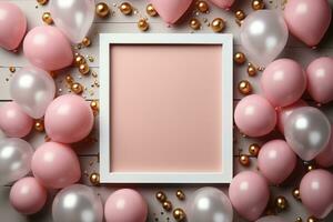 Topdown view pastel pink table, balloonframed frame, confetti perfect birthday flat lay AI Generated photo