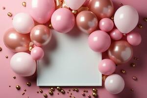 pastel elegancia parte superior ver de rosado mesa, bordeado de globos marco, papel picado cumpleaños deleite ai generado foto