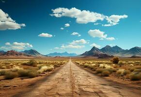 Ai generative Photo Road Clear Sky Desert Mountains Landscape realistic image, ultra hd, high design very detailed