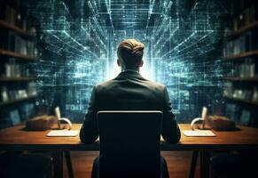 Ai Generative double exposure photo of a business man using laptop on his desk front view office background