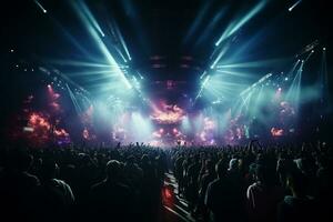 Ai generative Crowded Concert Stage Scenery With Spotlights and Colored Lights realistic image, ultra hd photo