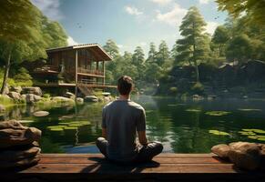 ai generative photo of a man practicing mindfulness and meditation in a peaceful natural environment sony A7s realistic image, ultra hd, high design very detailed