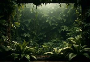 Ai Generative Beautiful jungle background with border made of tropical leaves backdrop with copy space photo