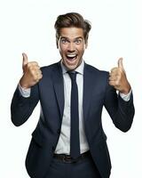 Ai generative photo business concept portrait of excited man dressed in formal wear giving thumbs up