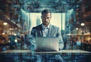 Ai Generative double exposure photo of a business man using laptop on his desk front view office background