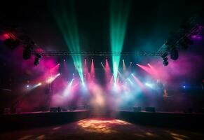 Ai generative Concert Stage Scenery With Spotlights Colored Lights Smoke photo