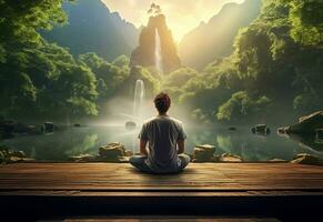 ai generative photo of a man practicing mindfulness and meditation in a peaceful natural environment sony A7s realistic image, ultra hd, high design very detailed