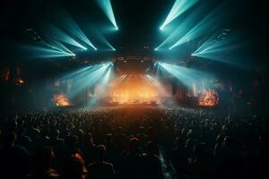 Ai generative Crowded Concert Stage Scenery With Spotlights and Colored Lights realistic image, ultra hd photo