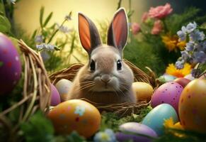 Ai generative photo happy bunny with many easter eggs on grass festive background for decorative design