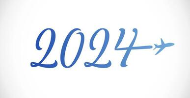 contento nuevo año 2024 viaje empresa logotipo creativo tipográfico diseño con azul avión. negocio viaje 2024 símbolo. calendario título idea. Internet icono. moderno estilo número 20 24 aislado gráfico. vector