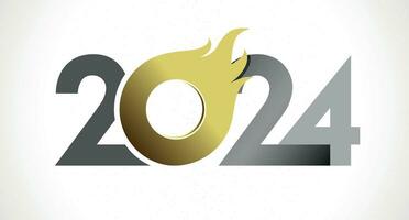 A Happy New Year 2024 creative fiery number. Silver and gold color. Sign with flames. Calendar title design. Isolated icon 20 24. Graphic template. vector