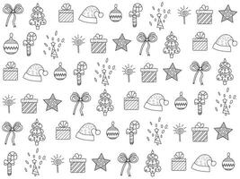 Christmas icon set with snowflakes, hats, star, Christmas tree, balls, orange, sock, gift, drink and garlands. Vector icons for business and holidays
