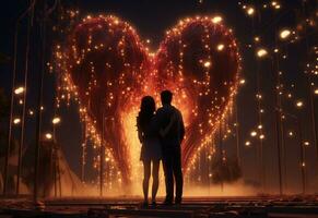 ai generativo un Pareja abrazando cada otro en San Valentín día, zona iluminado por el calentar resplandor de colgando corazones foto