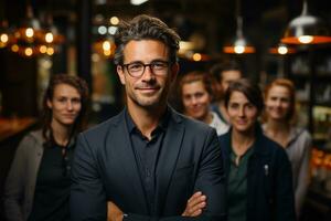 Ai Generative group of happy business man and business women, dressed in suits are smiling, in the office photo