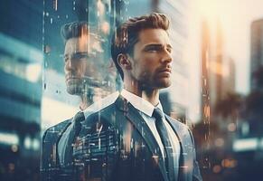 Ai generative A Double Exposure of a Businessman in the Cityscape Embodies Success and Future Plans photo