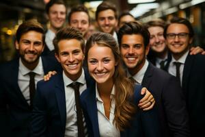 Ai Generative group of happy business man and business women, dressed in suits are smiling, in the office photo