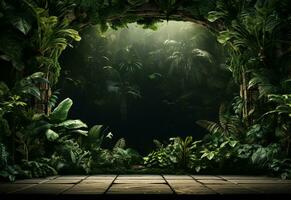 Beautiful jungle background with border made of tropical leaves backdrop with copy space photo