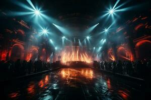 Ai generative Crowded Concert Stage Scenery With Spotlights and Colored Lights realistic image, ultra hd photo