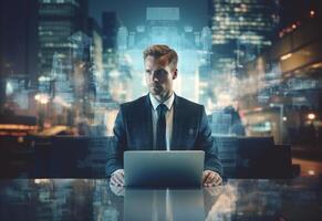 Ai generative double exposure photo of a business man using laptop on his desk front view office background realistic image, ultra hd, high design very detailed