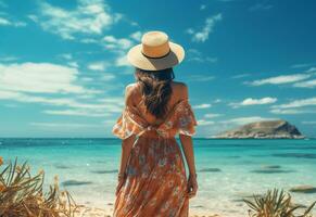 ai generativo joven turista mujer en verano vestir y sombrero en pie en hermosa arenoso playa. linda niña disfrutando foto