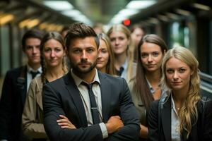 Ai Generative group of happy business man and business women, dressed in suits are smiling, in the office photo