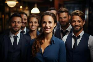 Ai Generative group of happy business man and business women, dressed in suits are smiling, in the office photo