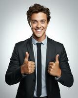 Ai generative photo business concept portrait of excited man dressed in formal wear giving thumbs up