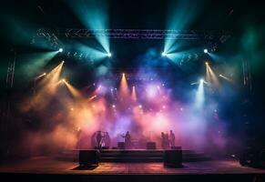 Ai generative Concert Stage Scenery With Spotlights Colored Lights Smoke photo