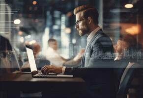 Ai generative double exposure photo of a business man using laptop on his desk front view office background realistic image, ultra hd, high design very detailed