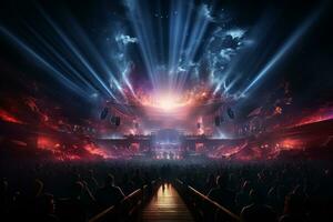 Ai generative Crowded Concert Stage Scenery With Spotlights and Colored Lights realistic image, ultra hd photo