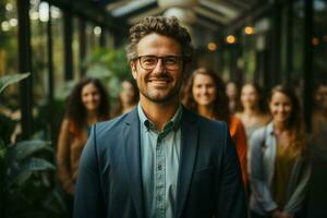 Ai Generative group of happy business man and business women, dressed in suits are smiling, in the office photo