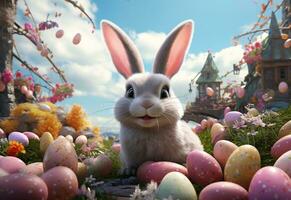 Ai generative photo happy bunny with many easter eggs on grass festive background for decorative design