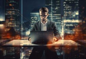 Ai generative double exposure photo of a business man using laptop on his desk front view office background realistic image, ultra hd, high design very detailed