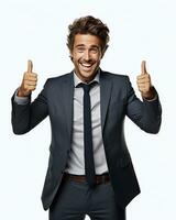 Ai generative photo business concept portrait of excited man dressed in formal wear giving thumbs up