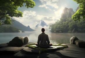 ai generative photo of a man practicing mindfulness and meditation in a peaceful natural environment sony A7s realistic image, ultra hd, high design very detailed