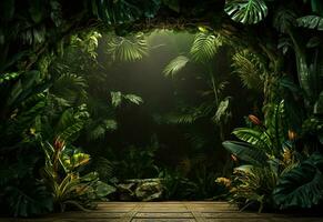 Ai Generative Beautiful jungle background with border made of tropical leaves backdrop with copy space photo