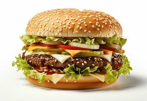 ai generativo doble hamburguesa aislado en blanco antecedentes Fresco hamburguesa rápido comida con carne de vaca y crema queso realista imagen, ultra alta definición, alto diseño muy detallado foto