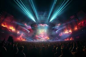 Ai generative Crowded Concert Stage Scenery With Spotlights and Colored Lights realistic image, ultra hd photo