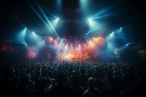 Ai generative Crowded Concert Stage Scenery With Spotlights and Colored Lights realistic image, ultra hd photo